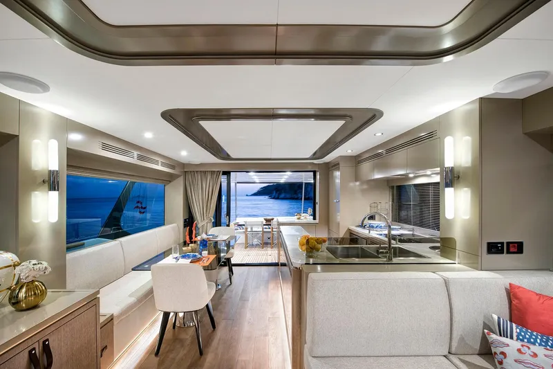 Slide: The Image of Luxurious interior of 2026 Sirena 68 yacht with modern design and ocean view. - 51