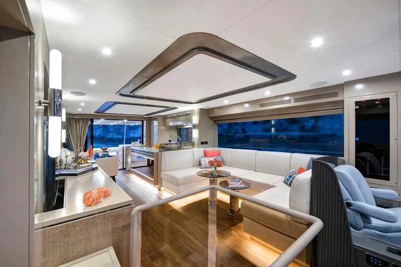 Slide: The Image of Luxurious interior of 2026 Sirena 68 yacht with modern furnishings and ambient lighting. - 53