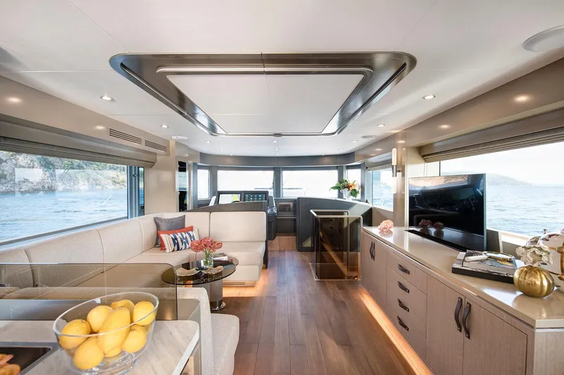 Slide: The Image of Luxurious interior of 2026 Sirena 68 yacht with modern furnishings and ocean view. - 58