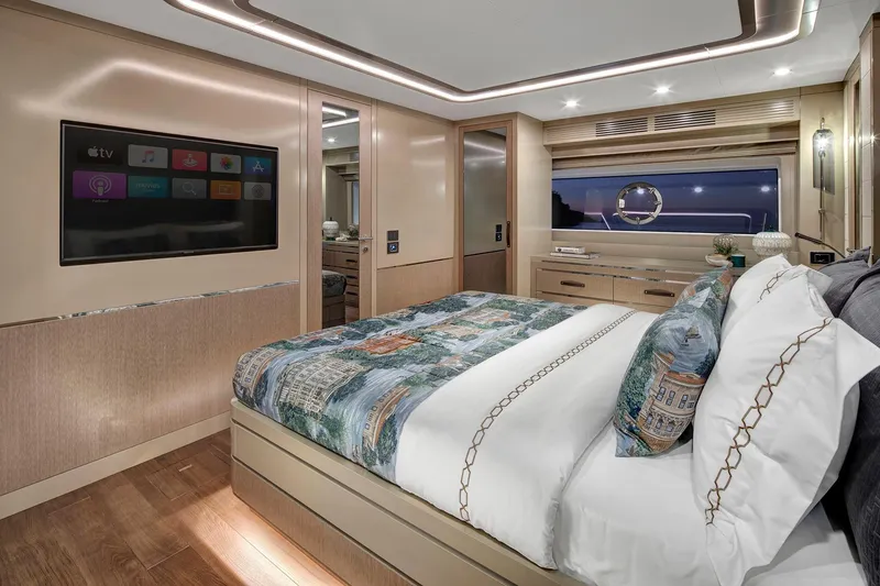 Slide: The Image of Luxurious bedroom interior of 2026 Sirena 68 yacht with modern amenities and elegant decor. - 60