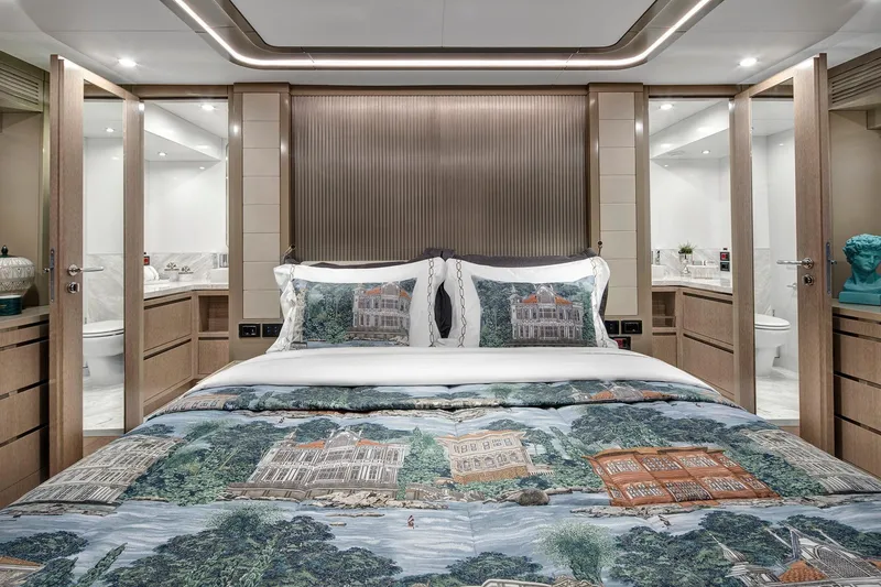 Slide: The Image of Luxurious Sirena 68 yacht bedroom interior, featuring elegant bedding and modern design, 2026 model. - 61