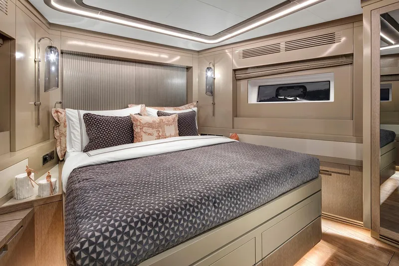 Slide: The Image of Luxurious bedroom interior of 2026 Sirena 68 yacht with modern design and elegant lighting. - 71