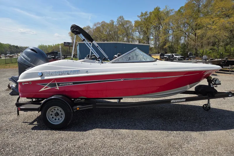 Slide: The Image of 2020 Starcraft Limited Runabout 172 OB Sport boat on trailer, red and white design. - 4