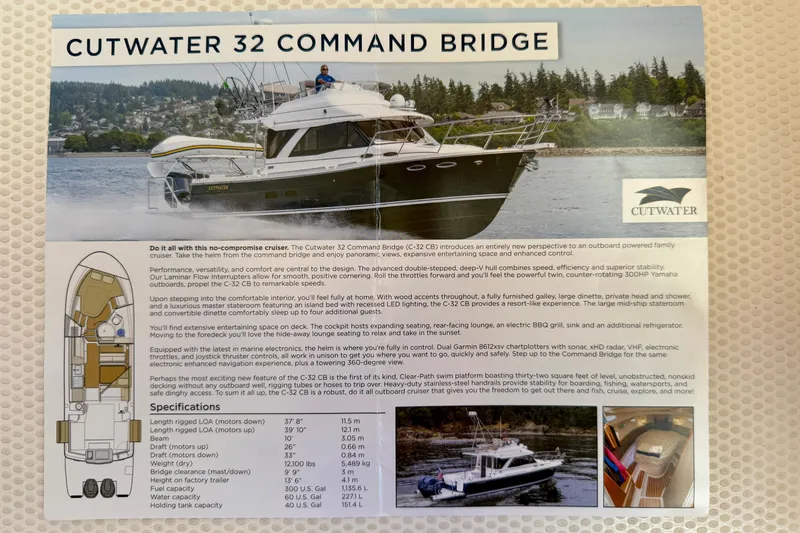 Slide: The Image of Cutwater C-32 CB 2022 brochure showcasing features, specifications, and images of the command bridge cruiser. - 30