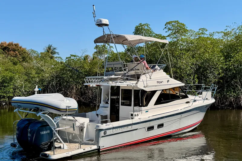 Slide: The Image of 2022 Cutwater C-32 CB boat cruising on a calm river, surrounded by lush greenery. - 6