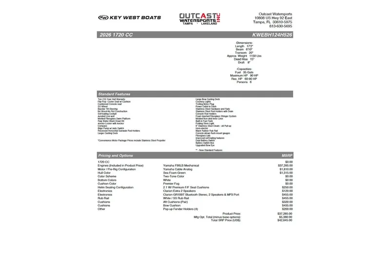 Slide: The Image of 2026 Key West 1720 Center Console boat specifications and pricing details. - 17