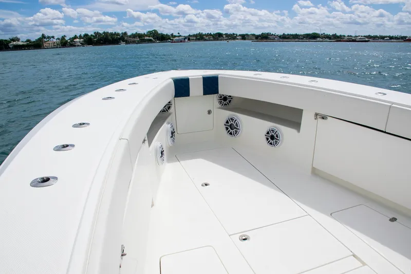 Slide: The Image of 2022 SeaVee 390Z boat deck with speakers on open water. - 40