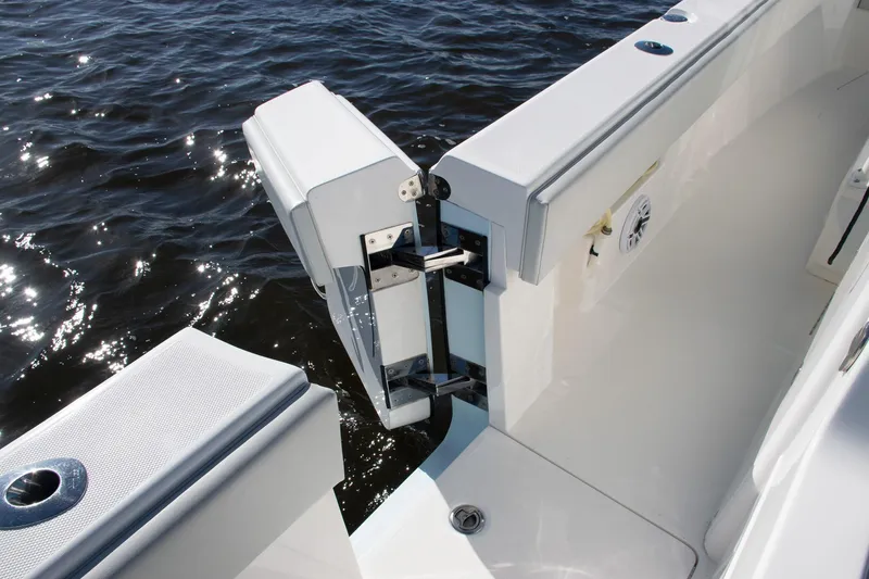 Slide: The Image of 2022 SeaVee 322Z boat deck with water view and fishing rod holder. - 28