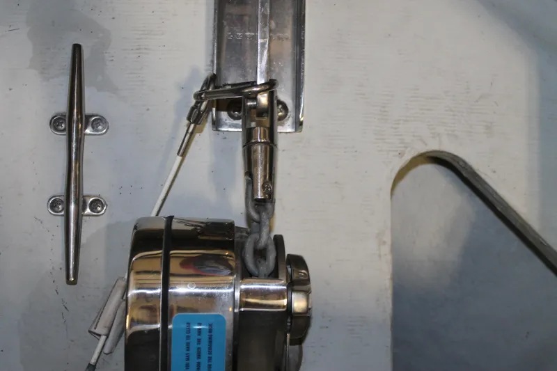 Slide: The Image of 2018 Chris-Craft Launch 34 boat hardware, featuring a cleat and winch mechanism. - 47