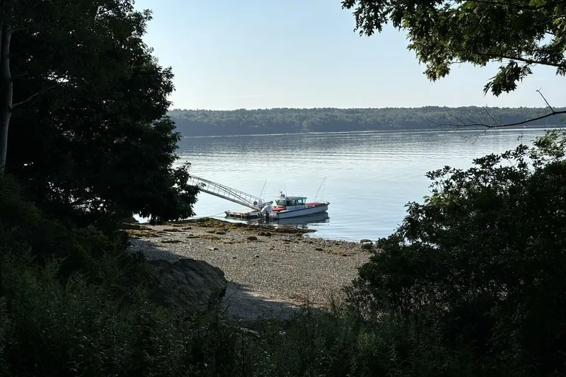 Slide: The Image of A 2019 Axopar 28 Cabin boat docked by a serene, tree-lined shoreline. - 31