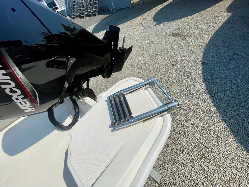 Slide: The Image of A swim ladder rests on the platform of a Boston Whaler 160 Super Sport boat. - 2