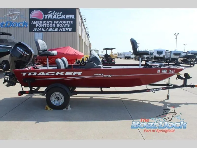 The Image of Red Tracker Pro 170 boat, 2022 model, on trailer at The Boat Dock. - 1