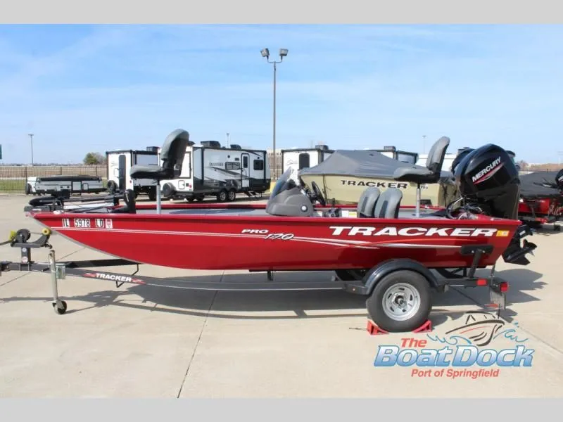Slide: The Image of Red Tracker Pro 170 boat, 2022 model, on trailer outdoors. - 5