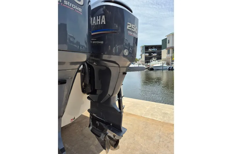 Slide: The Image of Yamaha 250 outboard motor on 2008 Robalo R305 Walkaround, dockside view. - 5