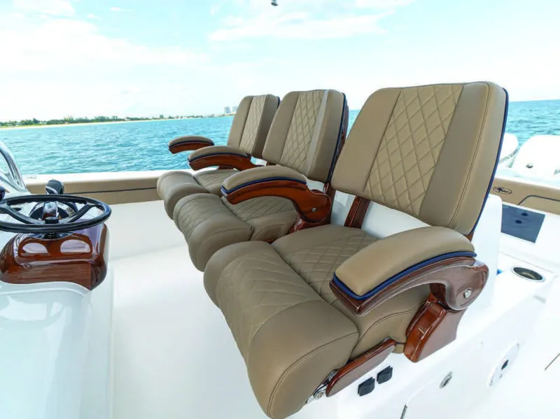 Slide: The Image of Luxurious seating on 2026 Valhalla Boatworks V-41, featuring elegant design and ocean backdrop. - 20