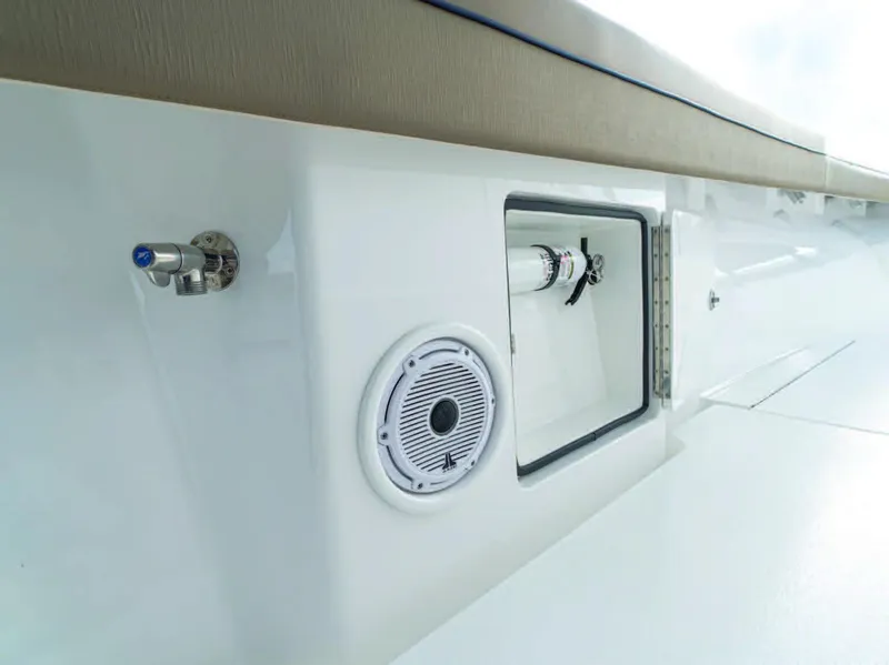Slide: The Image of 2026 Valhalla Boatworks V-41 interior detail with speaker and storage compartment. - 21