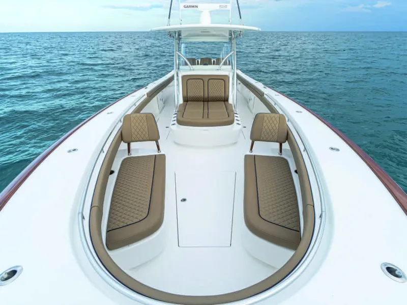 Slide: The Image of 2026 Valhalla Boatworks V-41 on open water, featuring luxurious seating and sleek design. - 31