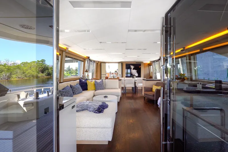 Slide: The Image of Luxurious interior of 2015 Monte Carlo Yachts MCY 86, featuring elegant seating and modern design. - 48