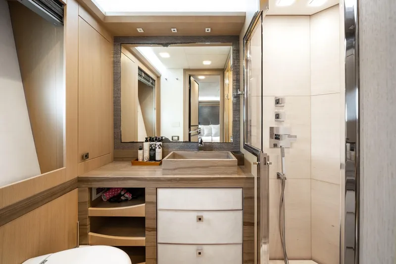 Slide: The Image of Luxurious bathroom interior of 2015 Monte Carlo Yachts MCY 86, featuring modern fixtures and elegant design. - 69