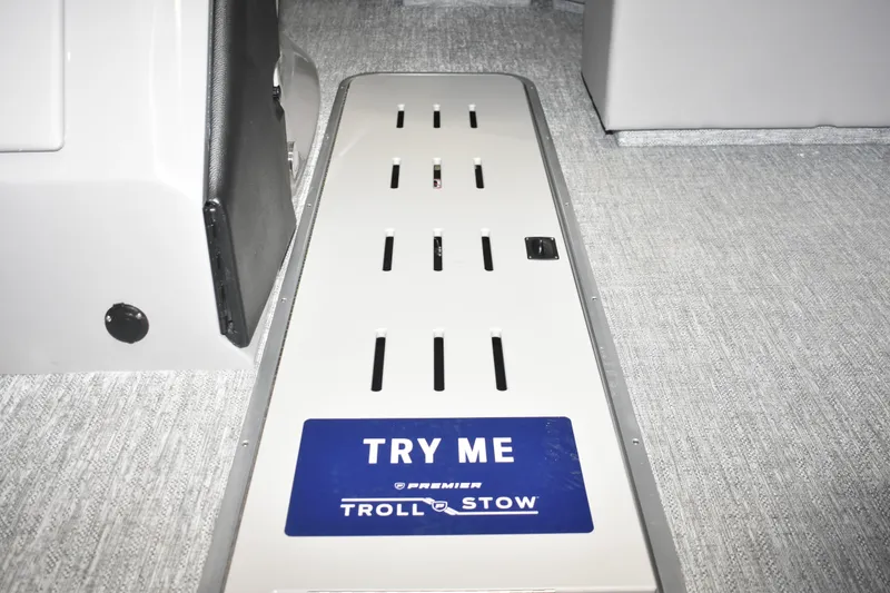 Slide: The Image of 2026 Premier 230 Sunsation Angler 4PT PTX boat floor with "Try Me" Troll & Stow feature. - 11