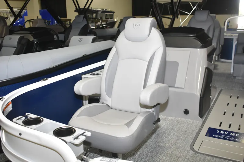 Slide: The Image of Luxurious seating on 2026 Premier 230 Sunsation Angler 4PT - PTX pontoon boat interior. - 7