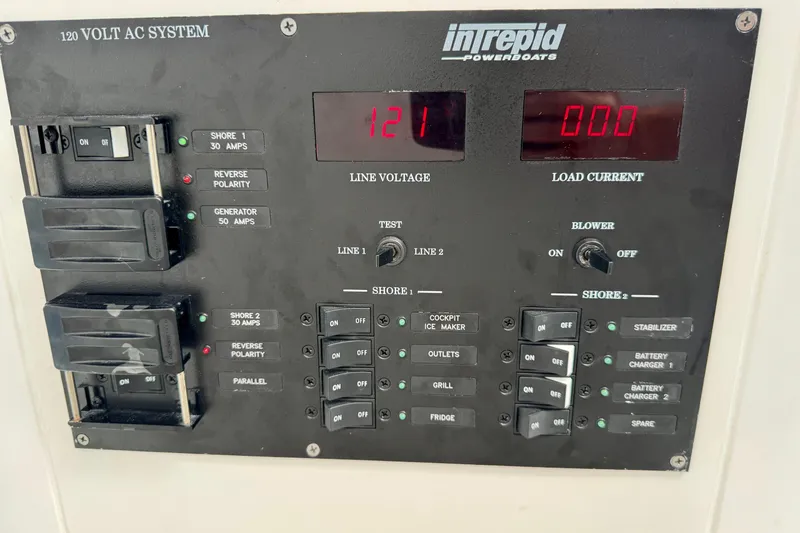 Slide: The Image of Control panel of a 2024 Intrepid 427 Nomad SE boat, showing voltage and switches. - 29