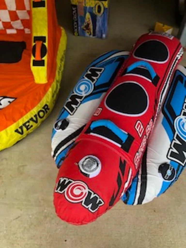 Slide: The Image of Inflatable water toys with vibrant colors, WOW design, next to VEVOR product. - 40
