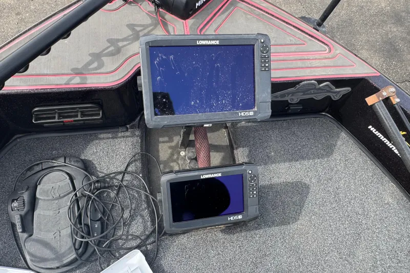 Slide: The Image of Fishing boat dashboard with Lowrance HDS displays on a 2020 Nitro ZV19 Sport. - 12