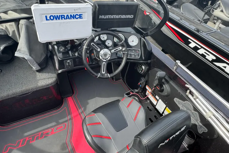 Slide: The Image of 2020 Nitro ZV19 Sport boat cockpit with Lowrance and Humminbird electronics. - 5