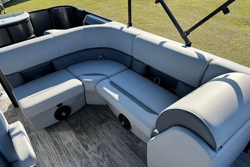 Slide: The Image of Luxurious seating on 2026 Bentley Pontoons 243 Fish-N-Cruise boat, featuring sleek gray upholstery. - 23