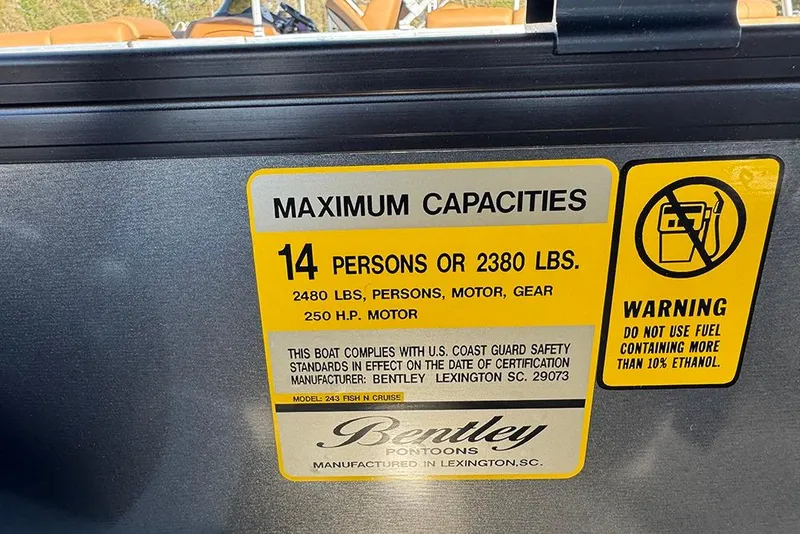 Slide: The Image of 2026 Bentley Pontoons 243 Fish-N-Cruise capacity label, 14 persons or 2380 lbs, ethanol warning. - 36