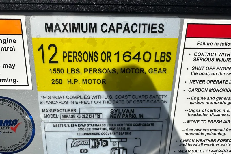 Slide: The Image of 2026 Sylvan X3 CLZ DH boat capacity label: 12 persons or 1640 lbs, 250 HP motor. - 12