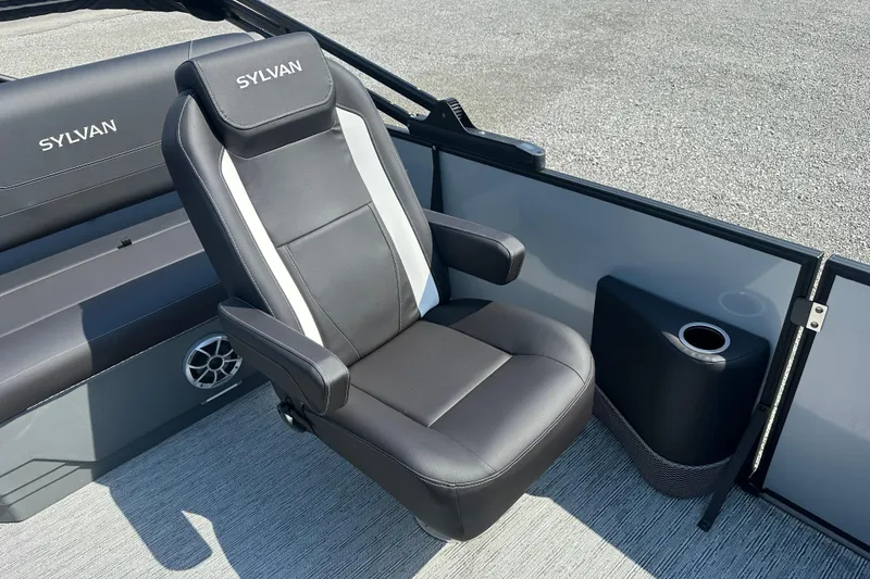 Slide: The Image of Luxurious seating on 2026 Sylvan X3 CLZ DH boat, featuring sleek black and white design. - 15