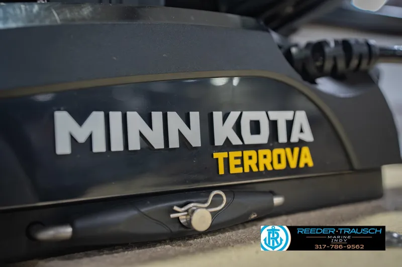 Slide: The Image of Minn Kota Terrova motor on 1997 Lund 1650 Angler SS boat, Reeder-Trausch Marine logo visible. - 48