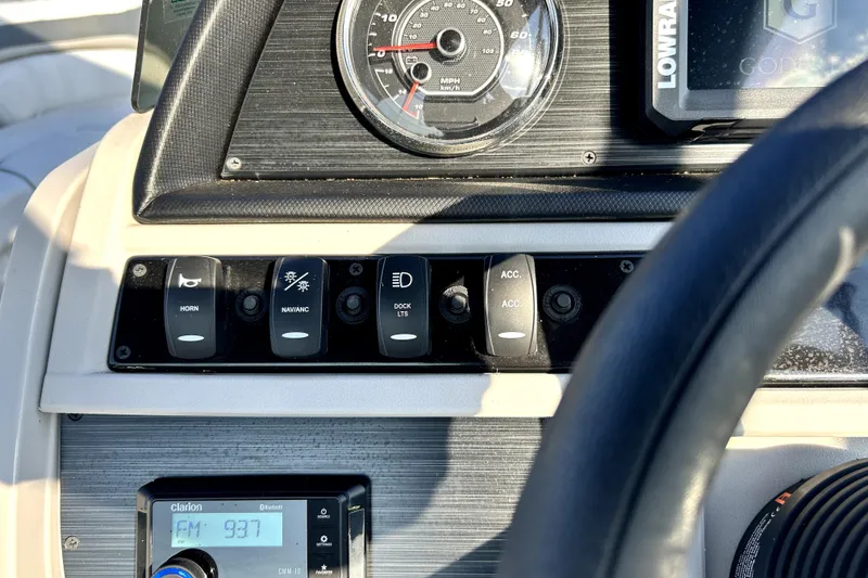 Slide: The Image of 2025 Godfrey Sweetwater 2286 SFL pontoon boat interior with plush seating and modern design. - 24