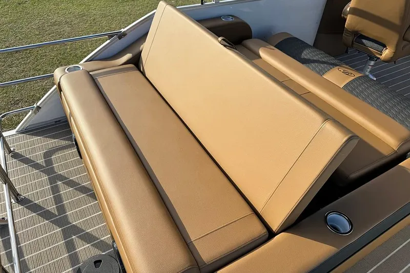Slide: The Image of 2026 Bentley Pontoons 253 Elite Swingback DC with tan leather seating. - 44