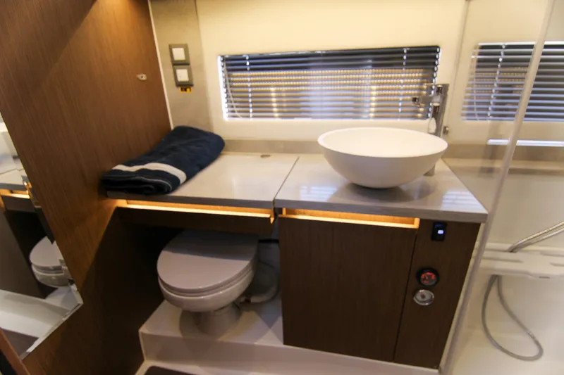 Slide: The Image of Modern bathroom interior on 2021 Jeanneau Leader 12.5 WA yacht, featuring sleek design elements. - 44