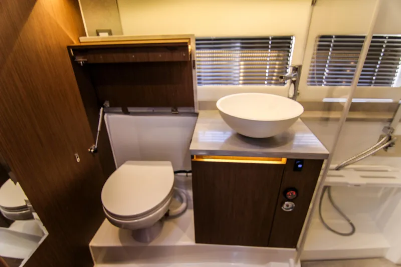 Slide: The Image of Modern bathroom interior on 2021 Jeanneau Leader 12.5 WA yacht, featuring sleek design elements. - 58