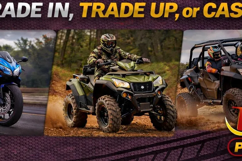 Slide: The Image of Trade-in promotion featuring motorcycle, ATV, and off-road vehicle. Yamaha Boats 222 FSH Sport 2026. - 10