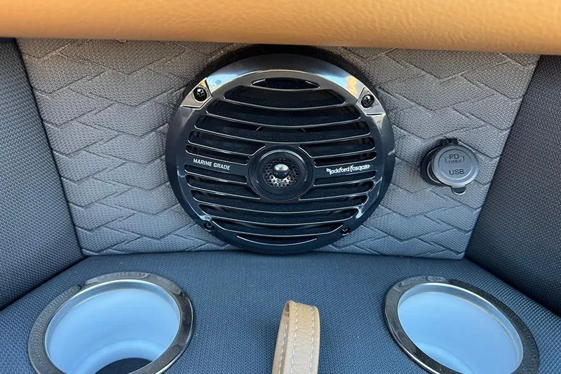 Slide: The Image of Marine-grade speaker and USB port on 2026 Bentley Pontoons Elite 253 Admiral. - 26