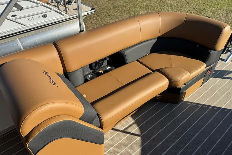 Slide: The Image of Luxurious seating on 2026 Bentley Pontoons Elite 253 Admiral, featuring tan and black upholstery. - 46