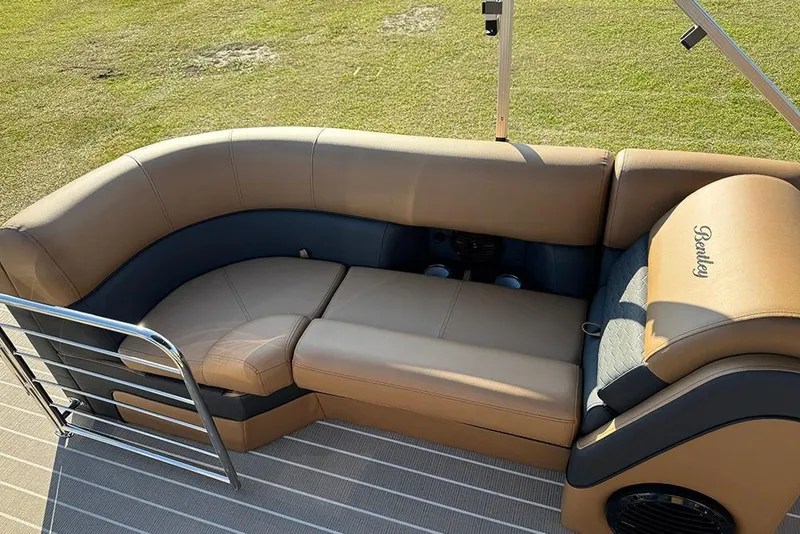Slide: The Image of Luxurious seating on 2026 Bentley Pontoons Elite 253 Admiral, featuring tan upholstery and elegant design. - 49