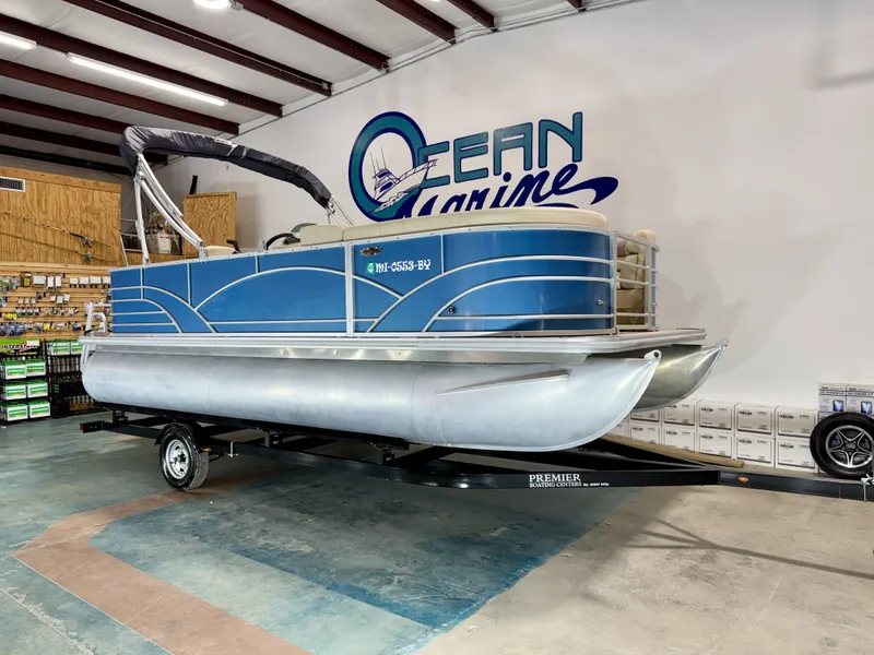 Slide: The Image of 2017 Sylvan 8520 pontoon boat in a workshop. - 3