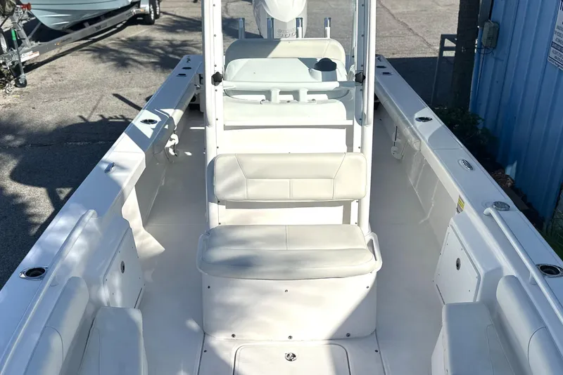 Slide: The Image of 2020 Everglades 243 Center Console boat interior with seating and console view. - 20