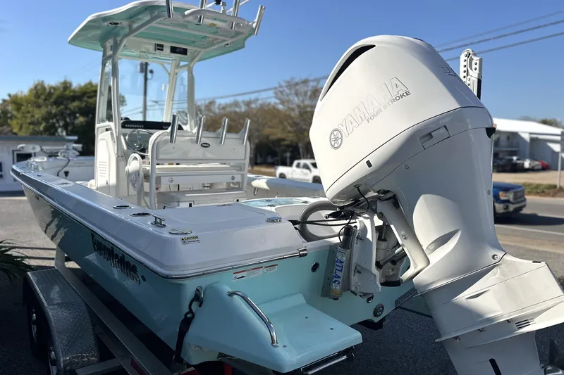 Slide: The Image of 2020 Everglades 243 Center Console boat with Yamaha outboard motor on trailer. - 9