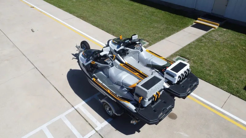 Slide: The Image of 2023 Sea-Doo 14' FISH PRO TROPHY on trailer, aerial view. - 12