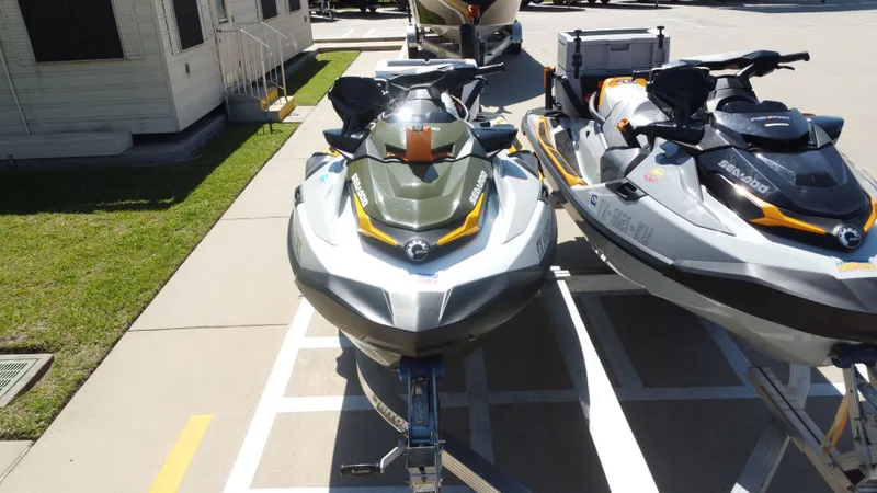 Slide: The Image of 2023 Sea-Doo 14' FISH PRO TROPHY jet ski parked on trailer. - 22