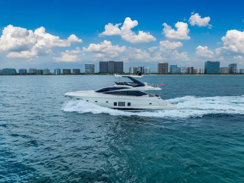 Slide: The Image of Astondoa 72 GLX yacht cruising on open water, 2013 model, with city skyline backdrop. - 12