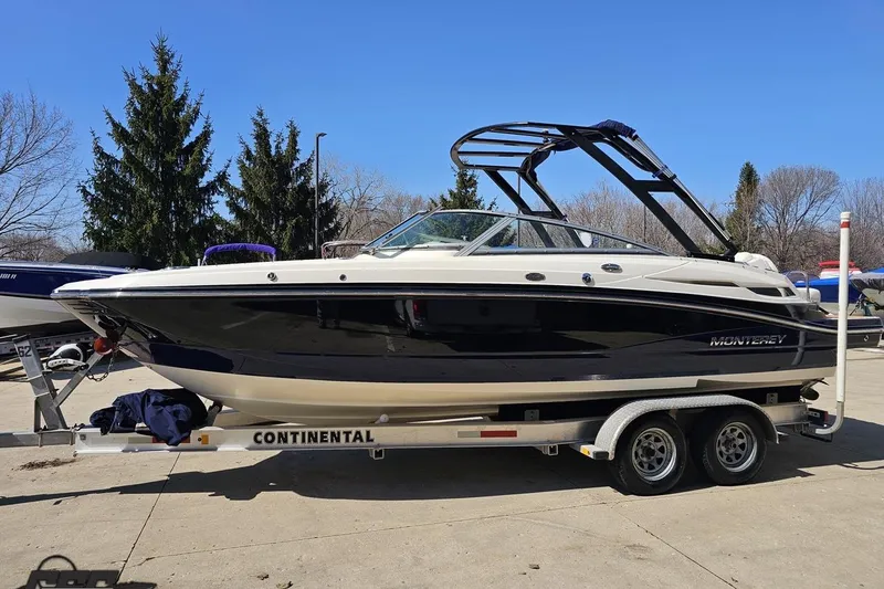 Slide: The Image of 2013 Monterey M3 Sport Boat on trailer, parked outdoors, clear sky background. - 19