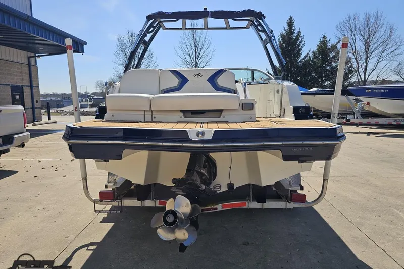 Slide: The Image of 2013 Monterey M3 Sport Boat rear view, showcasing deck and propeller in a marina setting. - 28